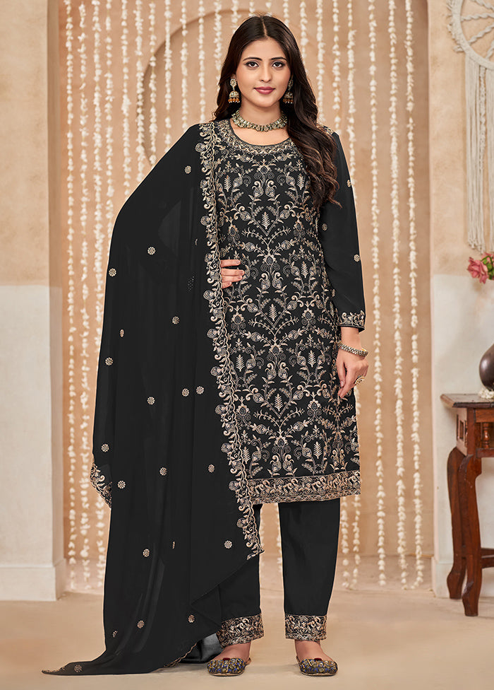 3 Pc Black Semi Stitched Georgette Dupatta Suit Set