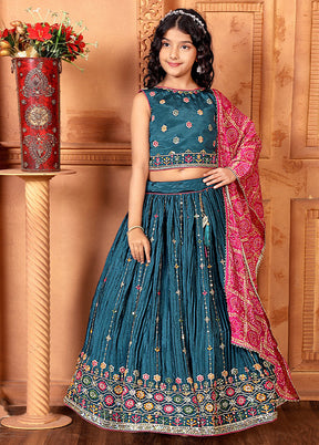 Teal Silk Sequance Embroidery Work Lehenga With Dupatta