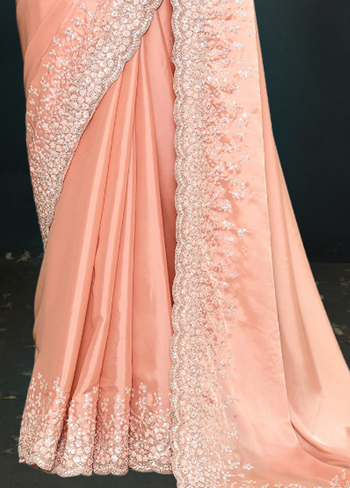 Peach Satin Silk Saree With Blouse Piece