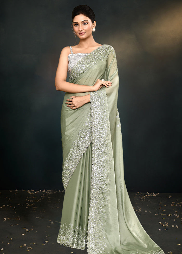 Green Satin Silk Saree With Blouse Piece