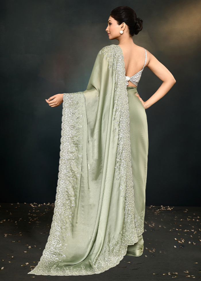 Green Satin Silk Saree With Blouse Piece