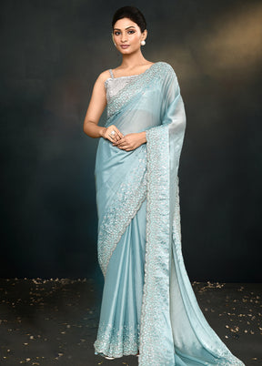 Blue Satin Silk Saree With Blouse Piece