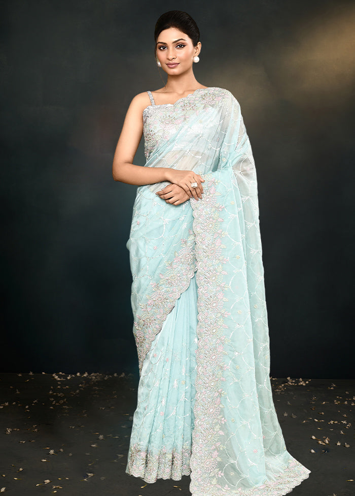 Blue Organza Saree With Blouse Piece