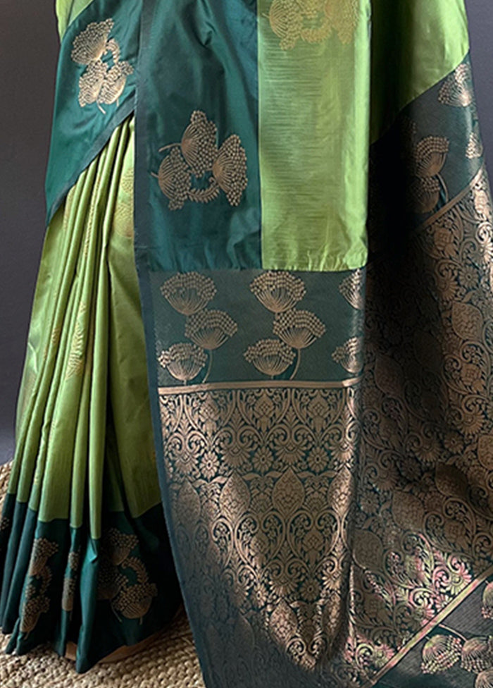 Pista Green Spun Silk Saree With Blouse Piece