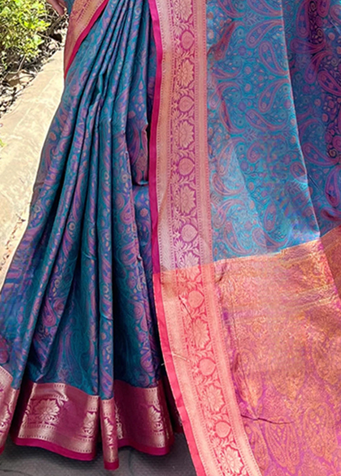 Blue Dupion Silk Saree With Blouse Piece