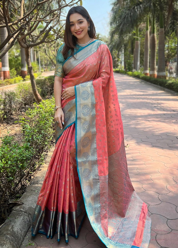 Peach Spun Silk Saree With Blouse Piece