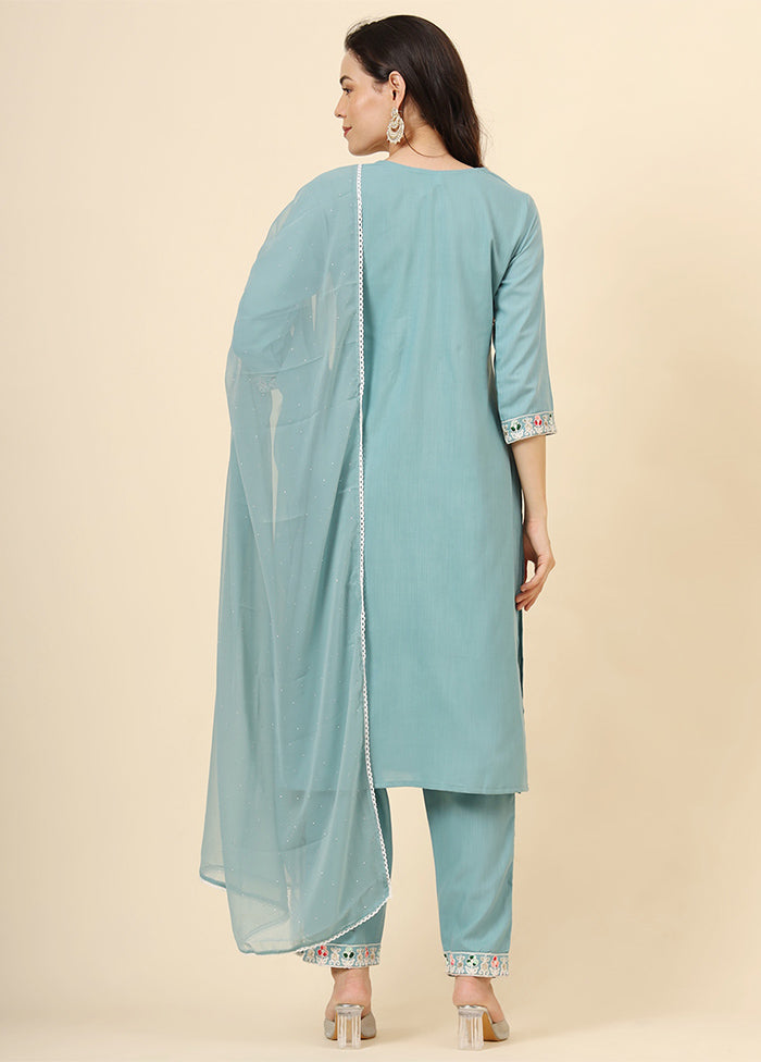 3 Pc Blue Readymade Cotton Suit Set