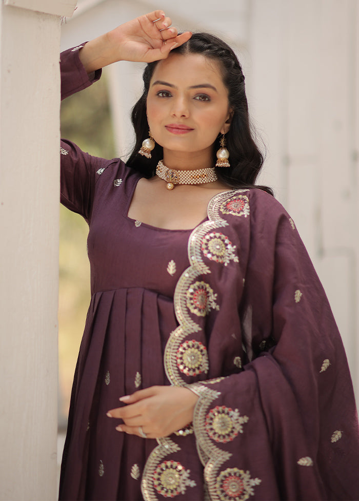 Purple Readymade Silk Long Indian Dress With Dupatta