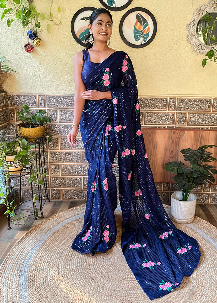 Navy Blue Georgette Saree With Blouse Piece