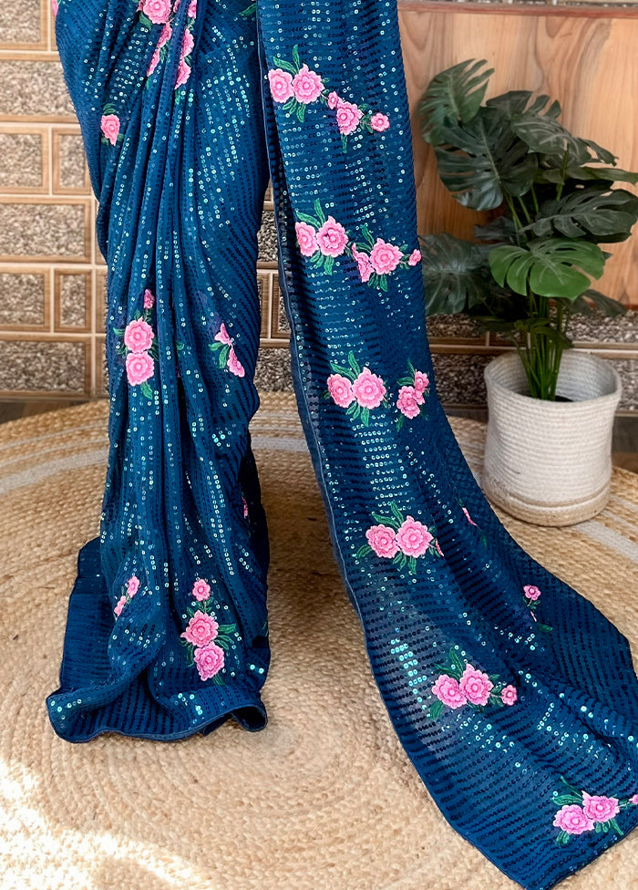 Teal Georgette Saree With Blouse Piece