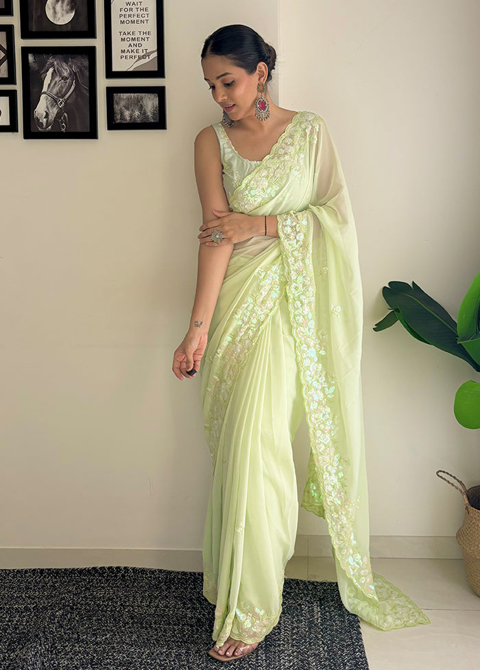 Pista Green Georgette Saree With Blouse Piece