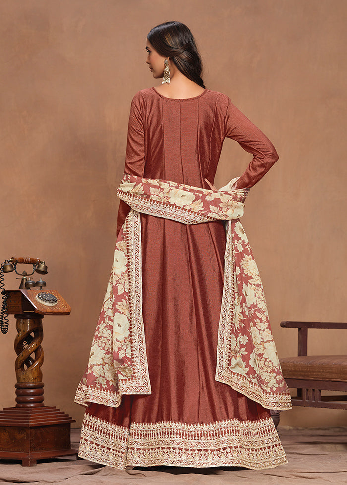 2 Pc Brown Semi Stitched Silk Kurti Set