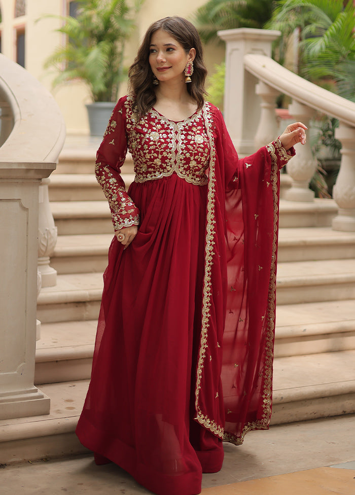 Maroon Readymade Georgette Long Gown With Dupatta