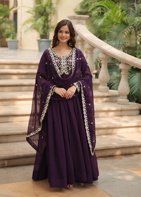 Wine Readymade Georgette Long Gown With Dupatta