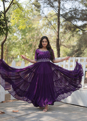 Purple Readymade Georgette Long Gown