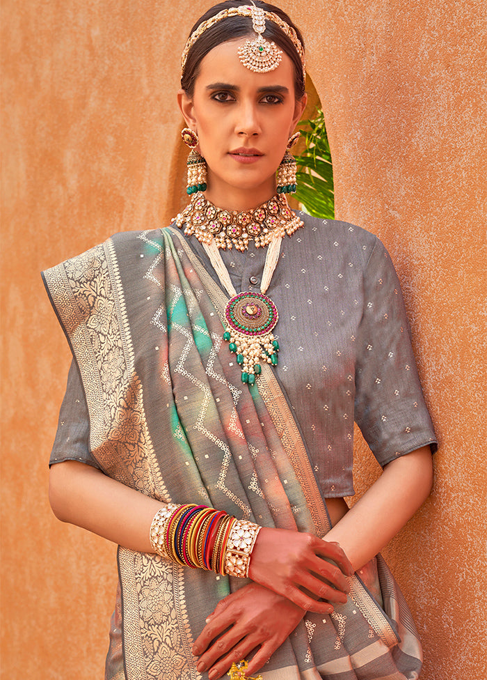 Grey Dupion Silk Saree With Blouse Piece