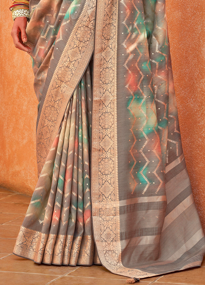 Grey Dupion Silk Saree With Blouse Piece