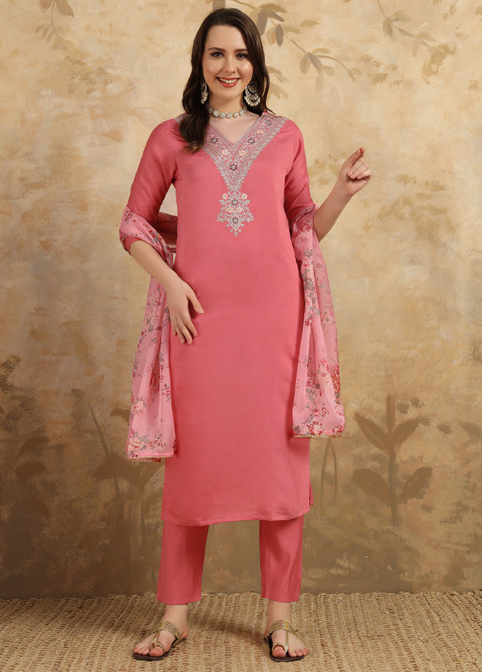 3 Pc Pink Readymade Chanderi Suit Set