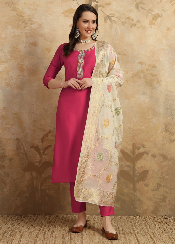 3 Pc Pink Readymade Chanderi Suit Set