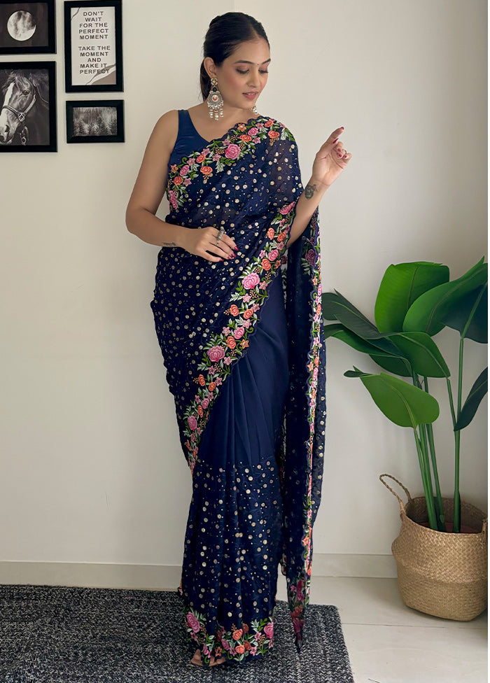 Navy Blue Georgette Saree With Blouse Piece