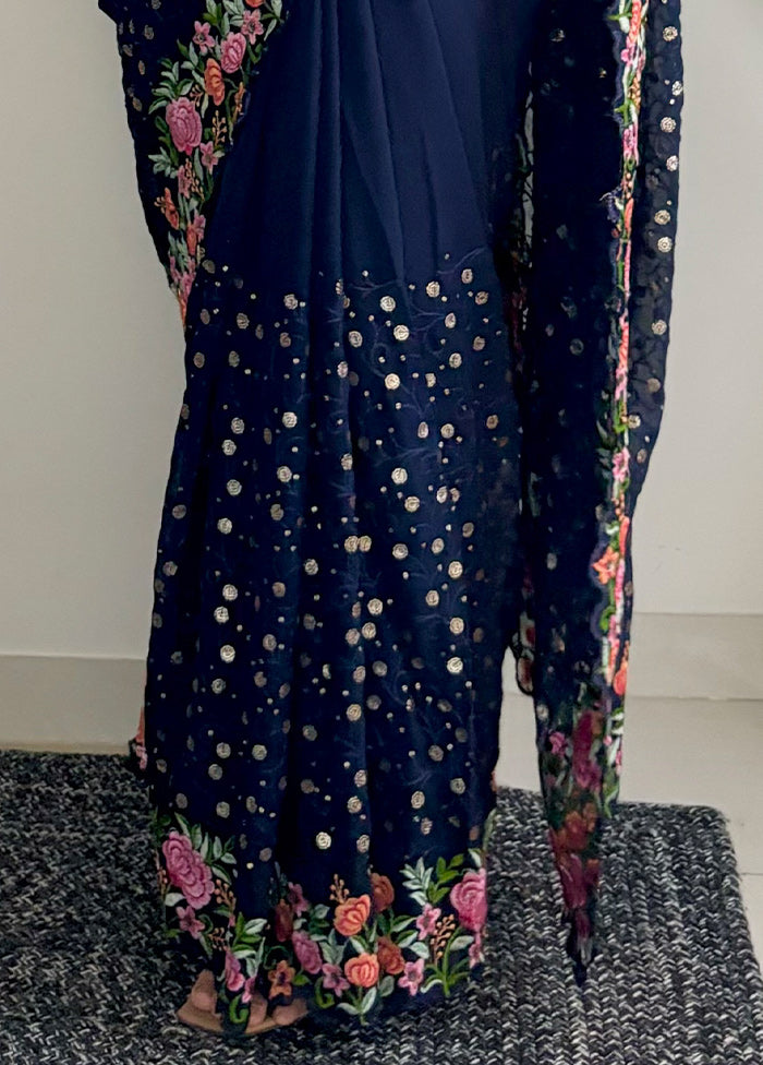 Navy Blue Georgette Saree With Blouse Piece