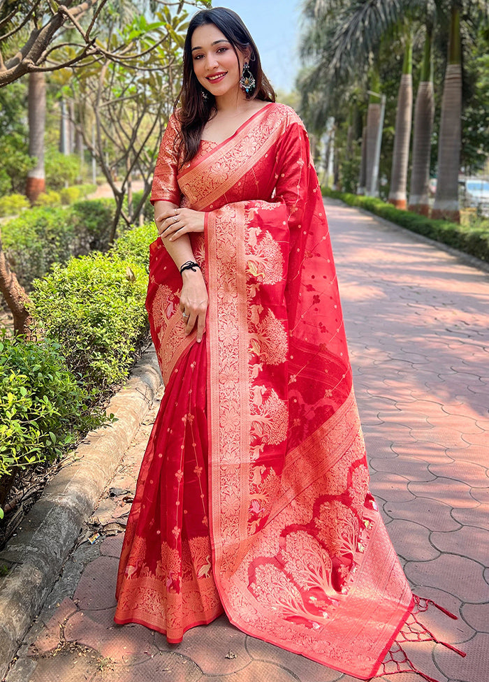 Red Organza Saree With Blouse Piece