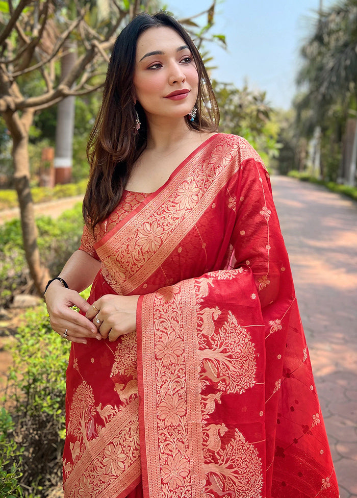 Red Organza Saree With Blouse Piece