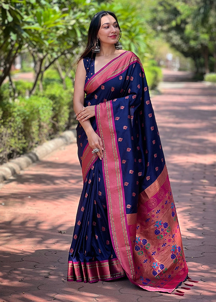 Navy Blue Dupion Silk Saree With Blouse Piece