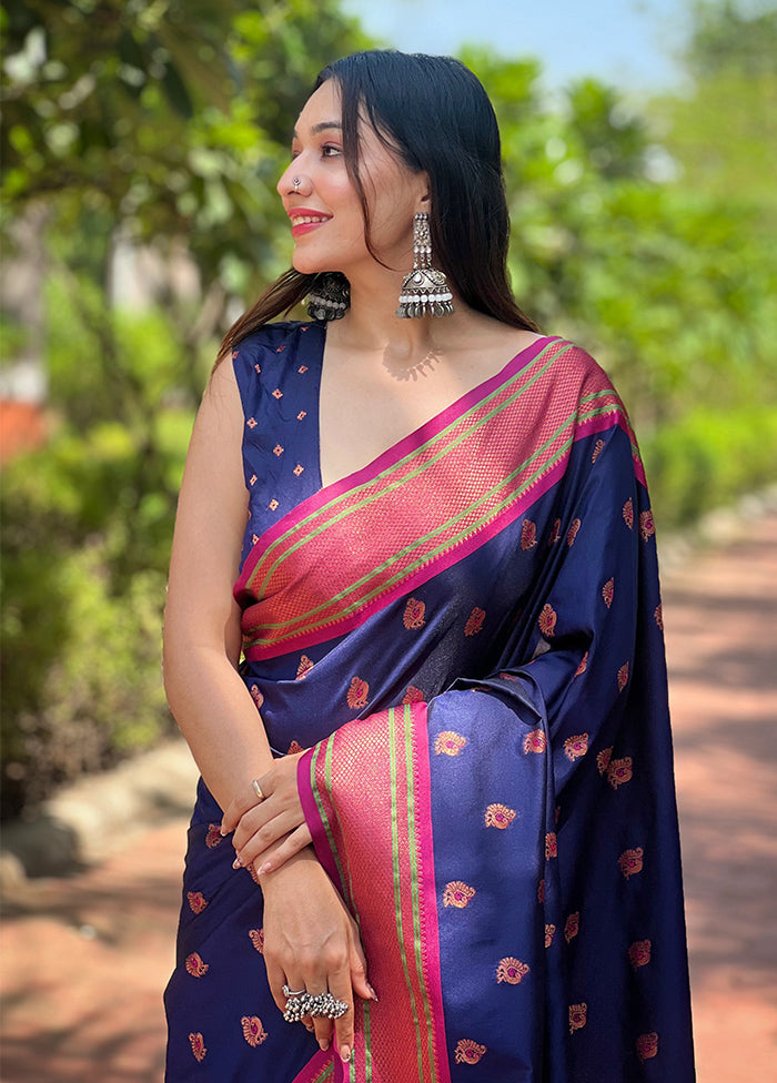 Navy Blue Dupion Silk Saree With Blouse Piece