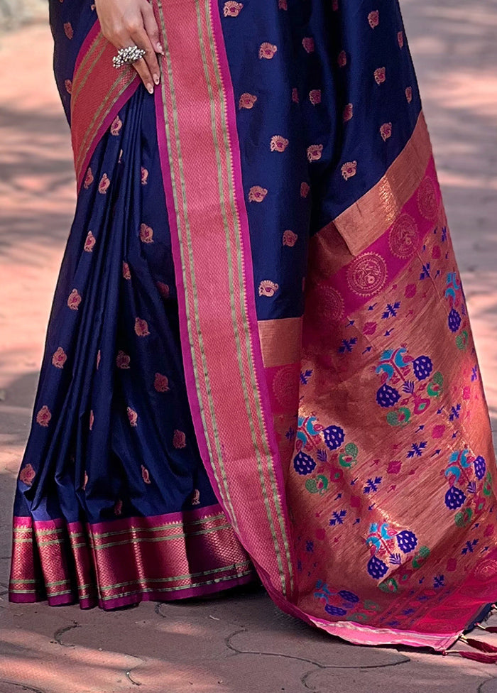 Navy Blue Dupion Silk Saree With Blouse Piece