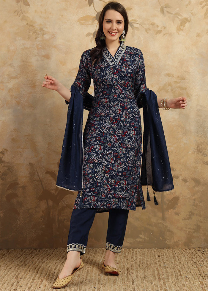 3 Pc Navy Blue Readymade Viscose Suit Set