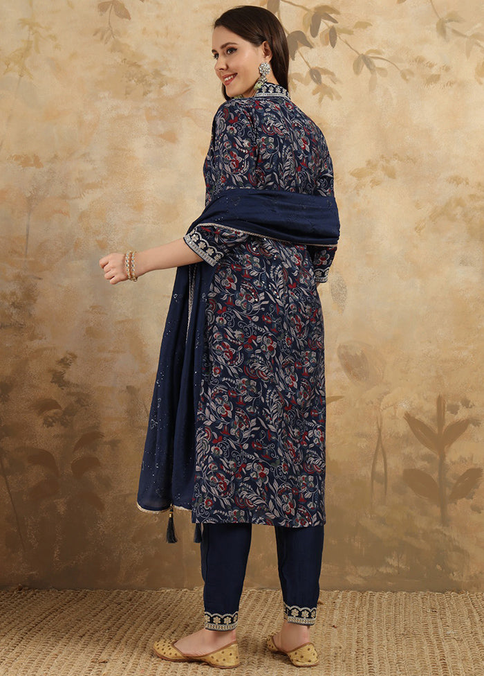 3 Pc Navy Blue Readymade Viscose Suit Set