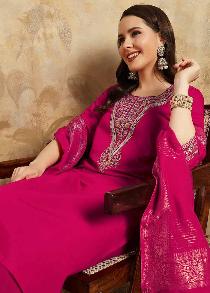 3 Pc Pink Readymade Chanderi Suit Set