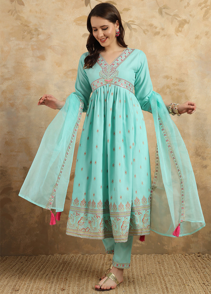 3 Pc Sky Blue Readymade Rayon Suit Set