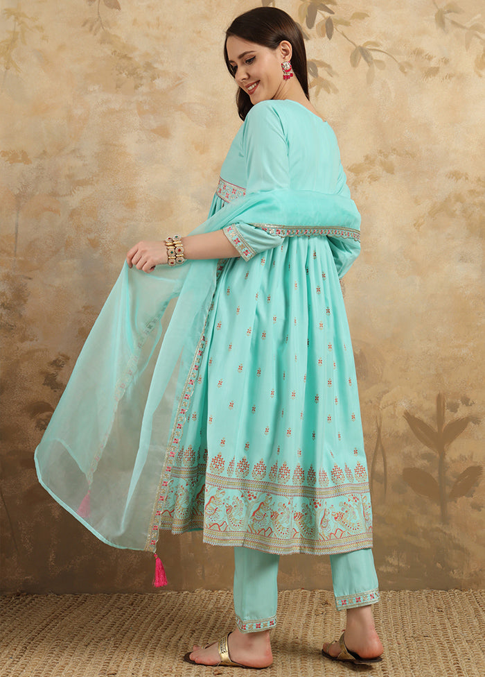 3 Pc Sky Blue Readymade Rayon Suit Set