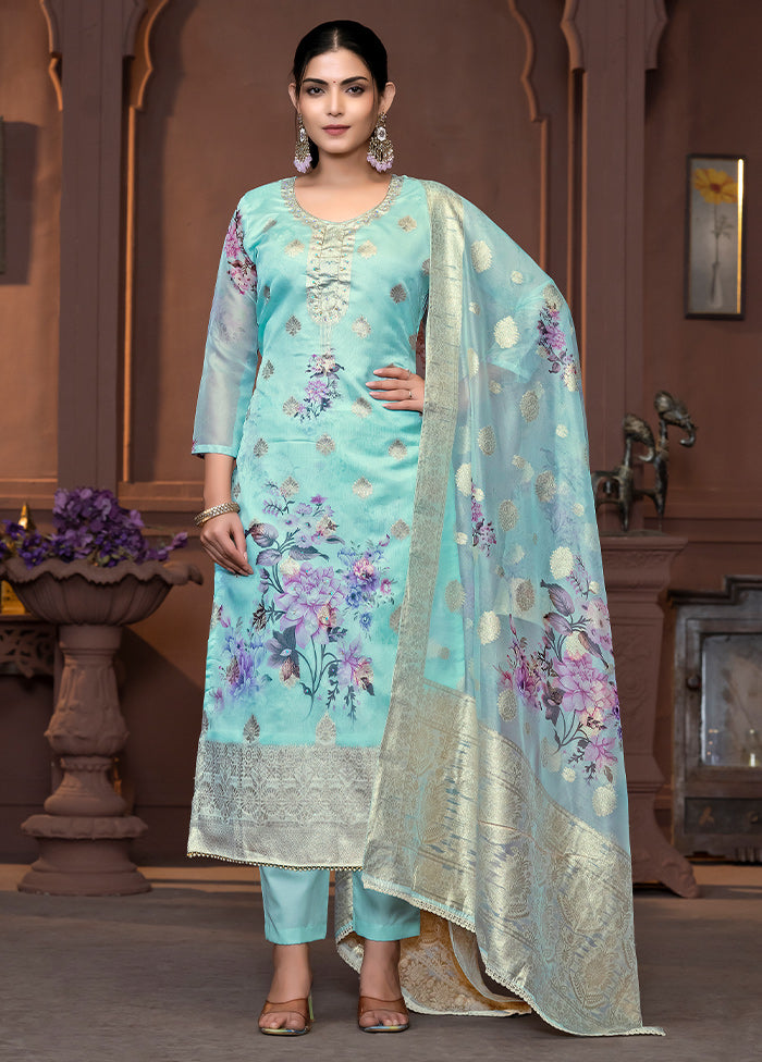 3 Pc Blue Semi Stitched Viscose Suit Set