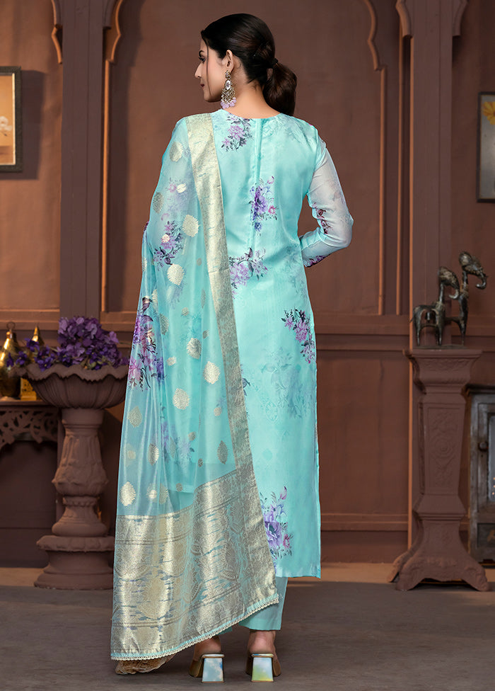 3 Pc Blue Semi Stitched Viscose Suit Set