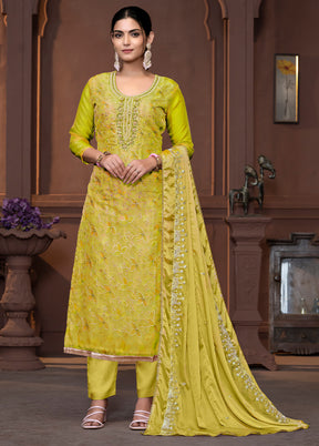 3 Pc Lime Green Semi Stitched Viscose Suit Set