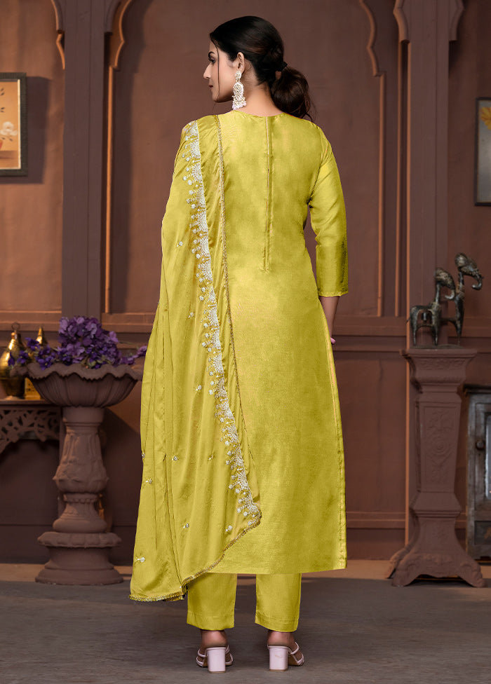 3 Pc Lime Green Semi Stitched Viscose Suit Set