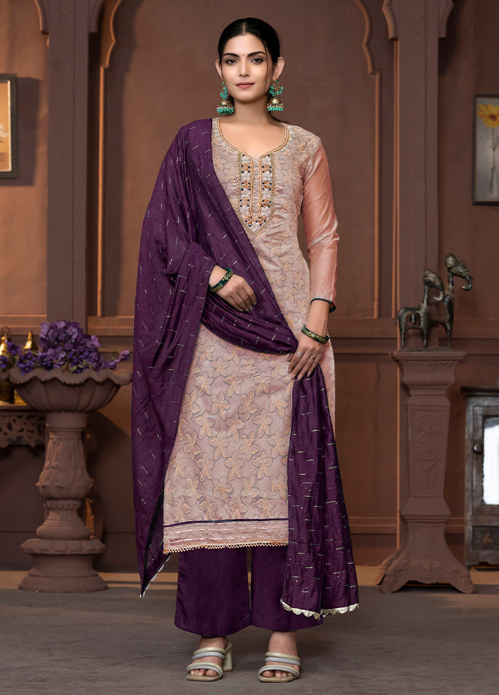 3 Pc Beige Semi Stitched Silk Suit Set