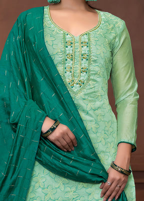 3 Pc Sea Green Semi Stitched Silk Suit Set