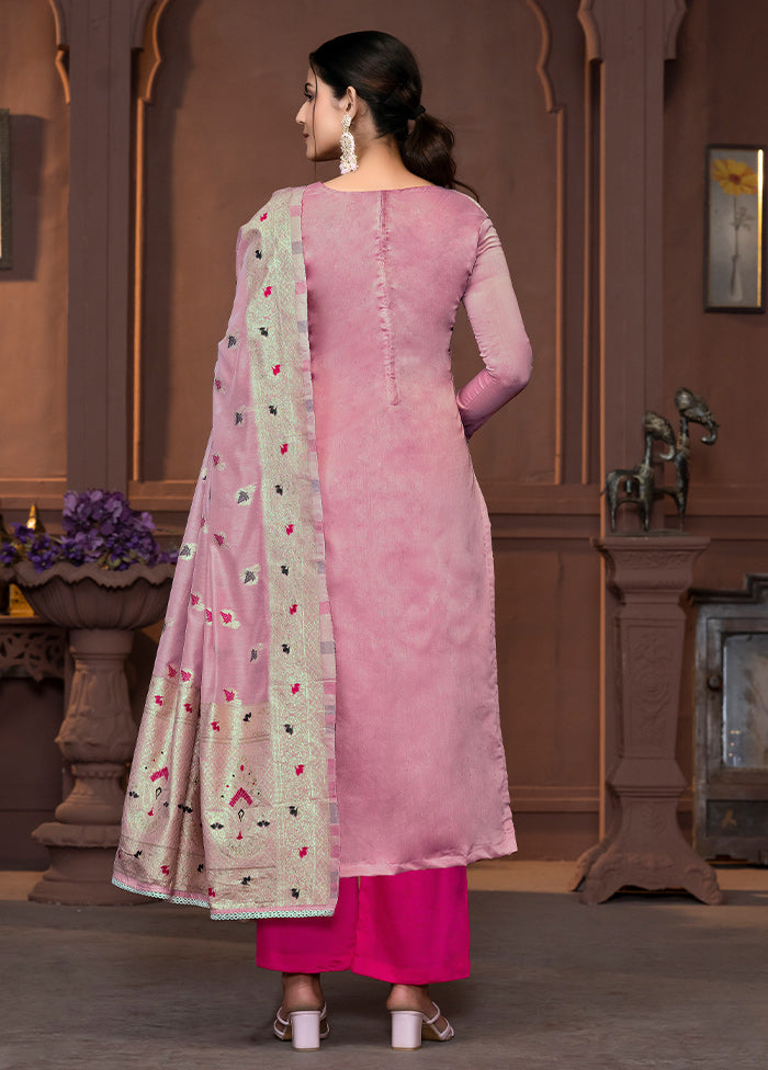 3 Pc Pink Semi Stitched Silk Suit Set