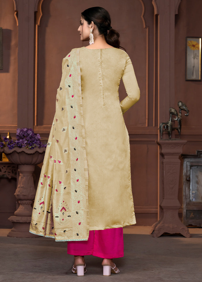 3 Pc Cream Semi Stitched Silk Suit Set