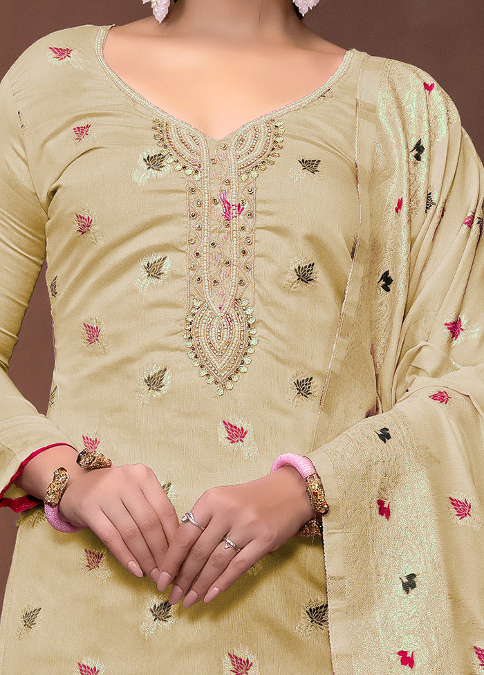 3 Pc Cream Semi Stitched Silk Suit Set