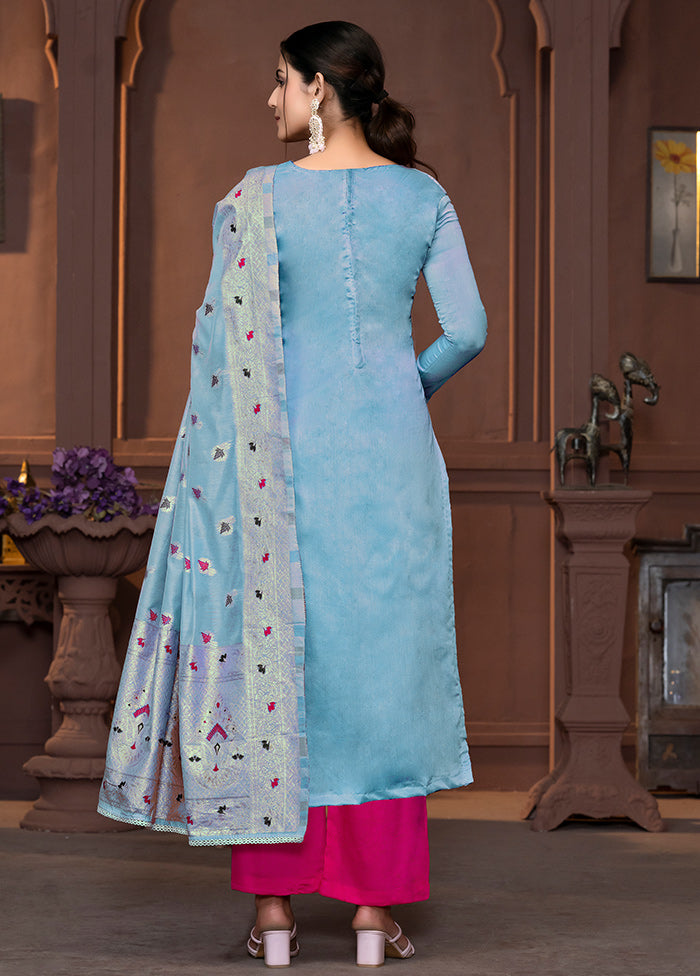 3 Pc Blue Semi Stitched Silk Suit Set