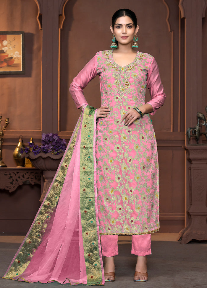 3 Pc Pink Semi Stitched Cotton Suit Set