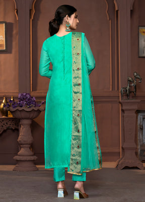 3 Pc Sea Green Semi Stitched Cotton Suit Set