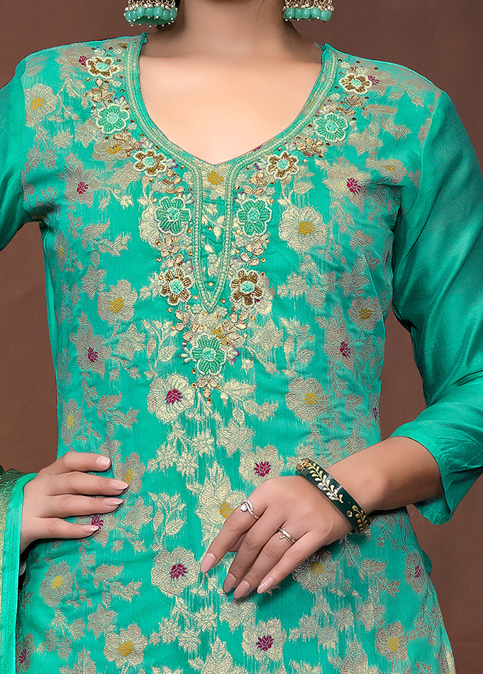 3 Pc Sea Green Semi Stitched Cotton Suit Set