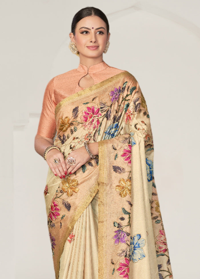 Beige Tussar Silk Saree With Blouse Piece