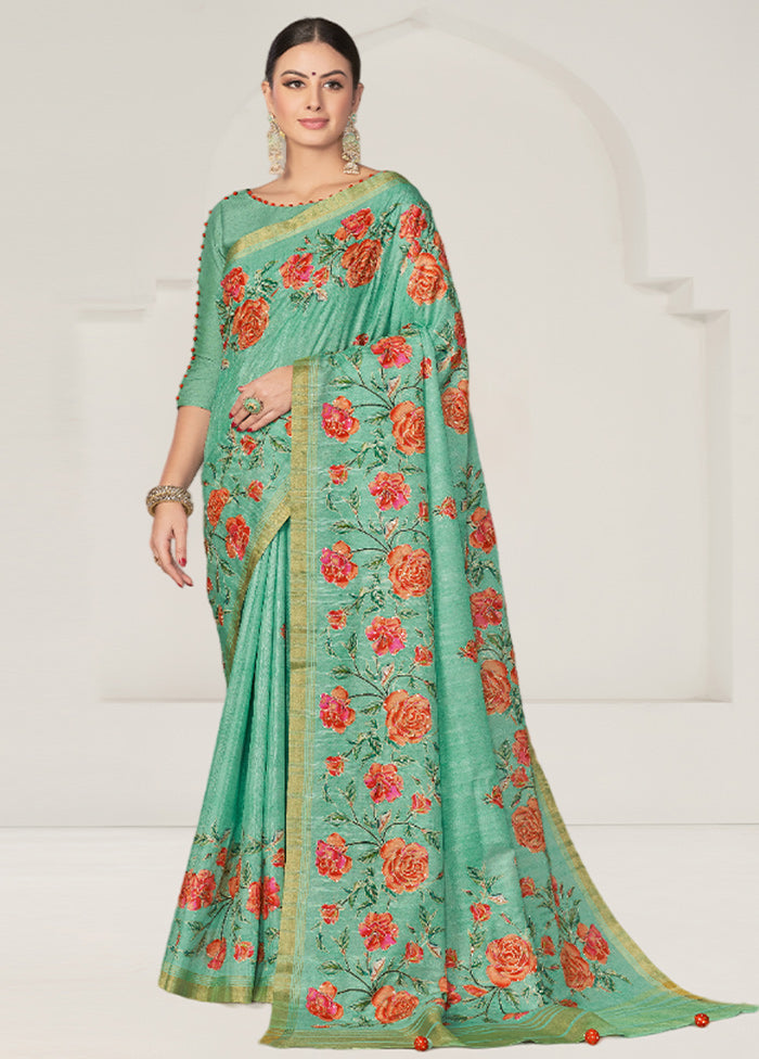 Sea Green Tussar Silk Saree With Blouse Piece